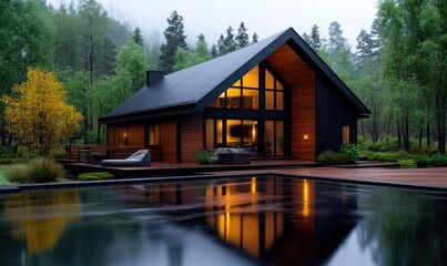 Fototapeta premium Mysterious Solitude: A Cozy, Rainy Forest House with Warm Glow and Fog