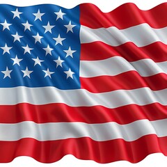 Obraz premium The American flag billows gracefully in the breeze, showcasing its vibrant red, white, and blue colors while set against a backdrop of a peaceful sunset over a landscape in the United States.