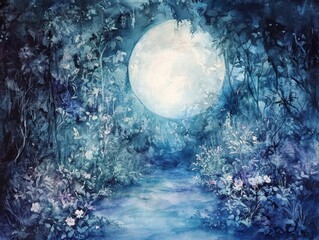 Fototapeta premium Moonlit watercolor forest path.