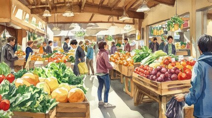 Obraz premium A bustling market with fresh produce and shoppers.