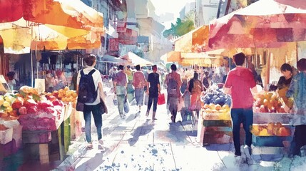 Obraz premium Watercolor painting of people walking in market.