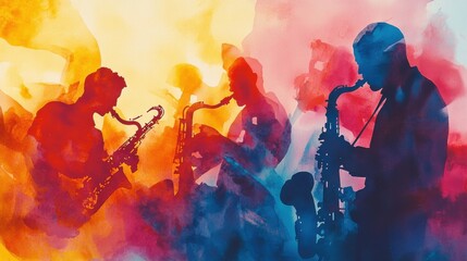 Obraz premium Watercolor painting of saxophonists in silhouette.