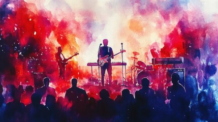 Silhouetted band plays for a crowd in a watercolor painting.
