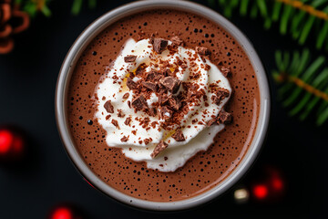 Festive hot chocolate in a mug with whipped cream, chocolate shavings, and christmas garnishes