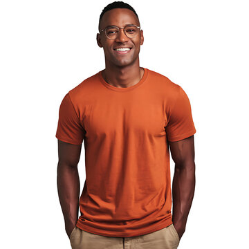 african man smiling while wearing a orange shirt and khaki shorts on transparent background