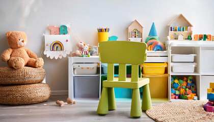 Colorful chair in the kindergarten classroom. Various toys and kids decoration.