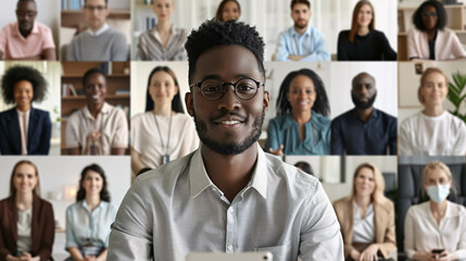 Virtual conference with a diverse group of employees using video communication apps, looking at the camera