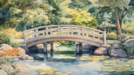 Watercolor painting of a bridge over a pond.