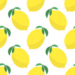 Vector Fresh Yellow Lemon with Green Leaves. Seamless Pattern. Tropical Fruit Icon with Sour Taste.