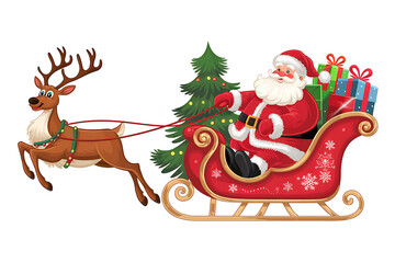 Santa Claus is depicted riding in a sleigh pulled by a reindeer on transparent background