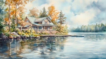 Fototapeta premium Waterfront cabin, lake, trees, and boat.