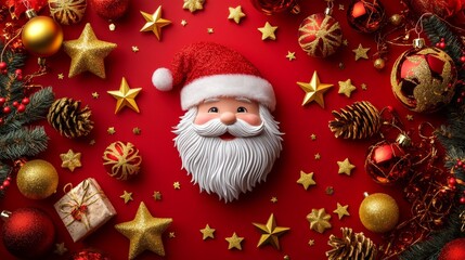 Santa claus face surrounded by christmas decorations on red background