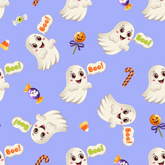 Seamless vector pattern with cute smiling ghosts, Halloween candies, and playful Boo text on a light purple background