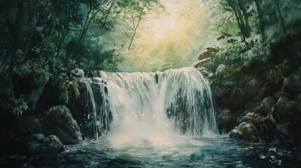 Waterfall flows through lush green forest.