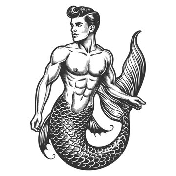 muscular merman with a vintage style, featuring strong physique and retro hairstyle sketch engraving generative ai vector illustration. Scratch board imitation. Black and white image.