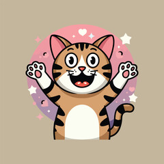 A vector illustration of a happy cat with a big smile and its paws raised in the air. The cat has its eyes wide open.