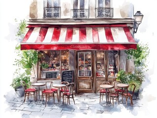 Red striped awning, outdoor cafe tables and chairs, Parisian storefront.