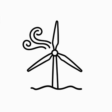 recommend clip art: Offshore wind turbine with swirling wind lines representing wind energy and sustainability, line art design
                    
