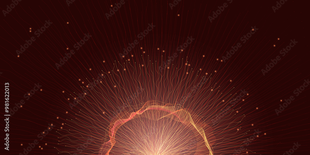 Poster abstract burst of energy with glowing particles radiating in vivid red and orange gradient. ideal fo