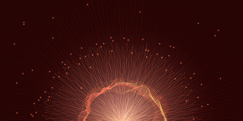 Abstract burst of energy with glowing particles radiating in vivid red and orange gradient. Ideal for technology, sci-fi, or space-themed projects, this dynamic image conveys high energy and intensity