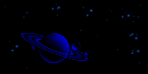 Abstract space background. Blue planet with rings surrounded by smaller celestial bodies in deep space, set against black background with scattered glowing stars