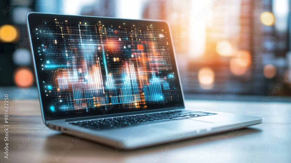 Poster laptop showing statistical graph with city lights in background