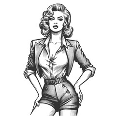 Obraz premium pin-up woman in blazer and high-waisted shorts, vintage style and bold femininity sketch engraving generative ai fictional character vector illustration. Scratch board imitation. Black and white image