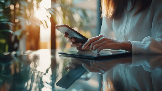 Close up, business woman using mobile smart phone on glass table with reflection and sunlight. Woman using smartphone during working at office with digital tablet on table, generative ai