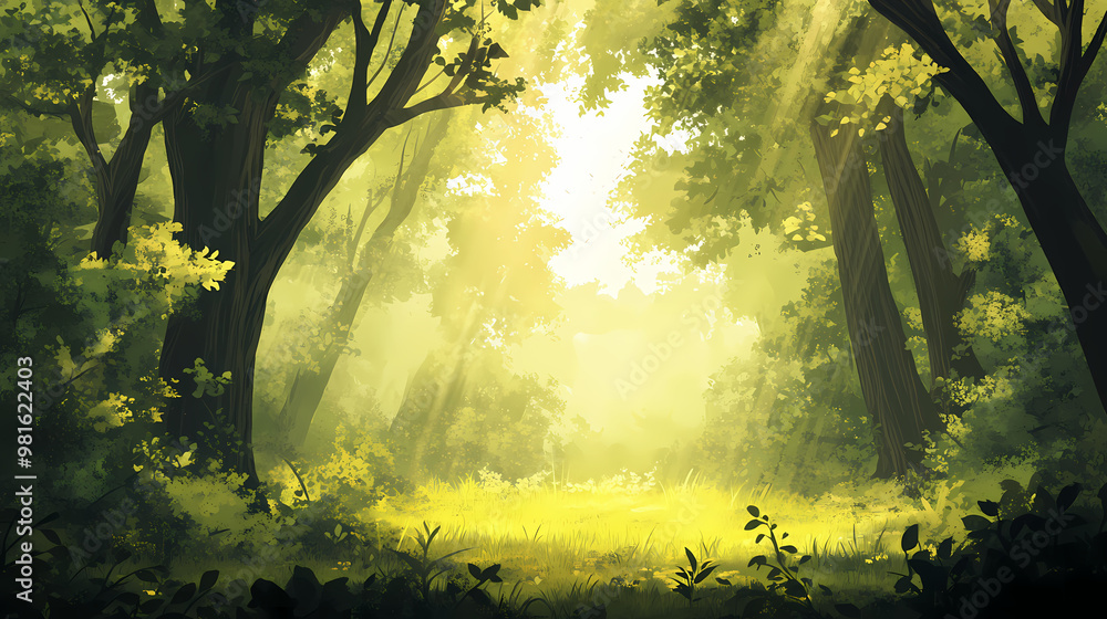 Wall mural a serene forest with sunlight filtering through the trees, gentle mist, and lush greenery, illustrat