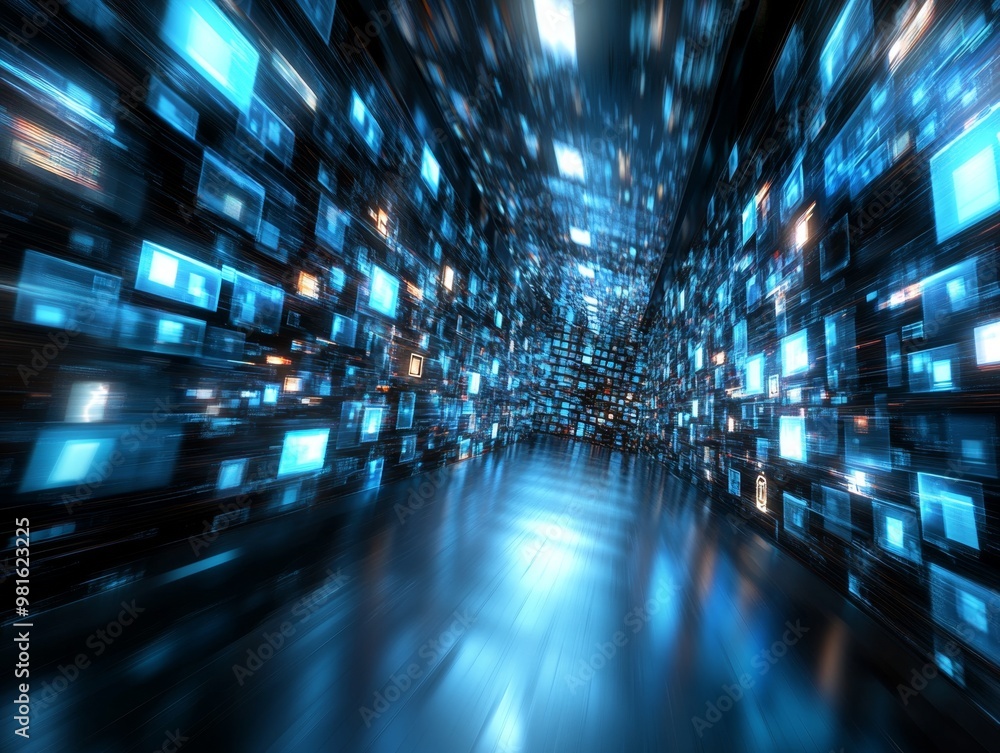 Poster data stream flowing in cyberspace tunnel with digital screens