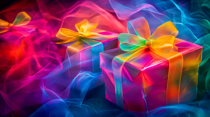 Colorful bright gift boxes with neon colored organza bows. Abstract festive background with gifts. Black Friday dales, shopping. Bow-tied presents.