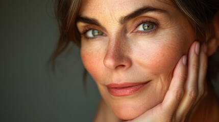 Beautiful mid age woman with beautiful skin. Anti age treatment ad, laser face rejuvenation