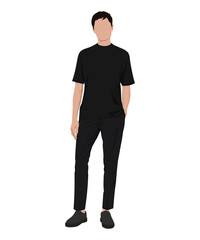 Vector illustration of a woman in a black t-shirt and black pants. Black minimalism