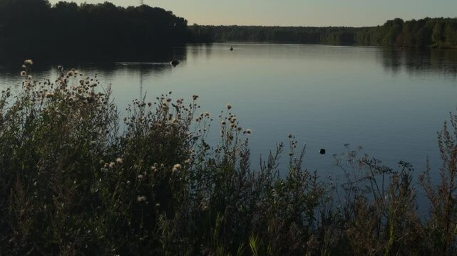 A soothing landscape with river and floating inflatable boats, beautiful plants and forest. Beautiful landscape of Svir river. Landscapes of Karelia.Mesmerizing landscape with sunset sky and nature
