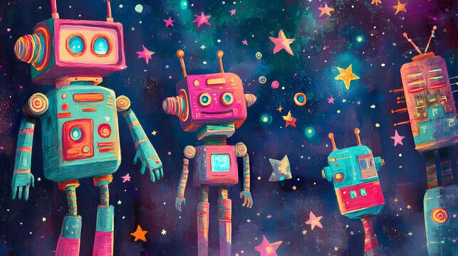 A whimsical space filled with colorful retro robots and stars. Whimsical. Illustration