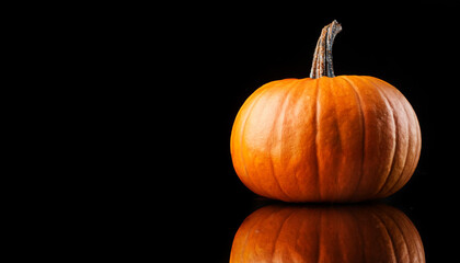 Single pumpkin sits on a black reflective surface, creating a mirror image. The warm orange tones of the pumpkin contrast against the dark background.