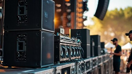 This Sound engineers organize speakers and gear for an outdoor performance as the sun sets.