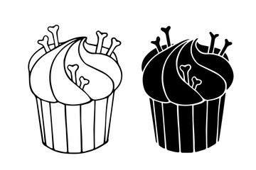 Line sketch,silhouette,stamp of creepy festive Halloween cupcakes. Vector graphics.