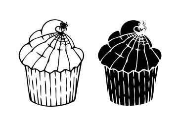 Line sketch,silhouette,stamp of creepy festive Halloween cupcakes. Vector graphics.