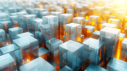 Obraz premium Numerous translucent cubes reflect warm light, creating an abstract urban setting