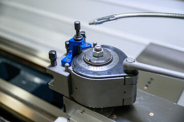 Lathe machine for working iron close-up of parts