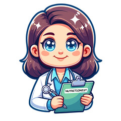 A cartoon girl is holding a clipboard with the word nutritionist on it. She is smiling and she is...