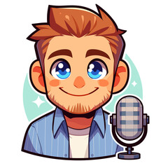 Obraz premium A cartoon man with a microphone is smiling. The cartoon is cheerful and lighthearted. The microphone is a symbol of communication and expression