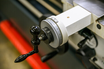 Lathe machine for working iron close-up of parts