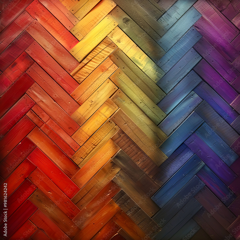 Poster a vibrant herringbone pattern features a gradient of warm reds, oranges, and yellows transitioning i
