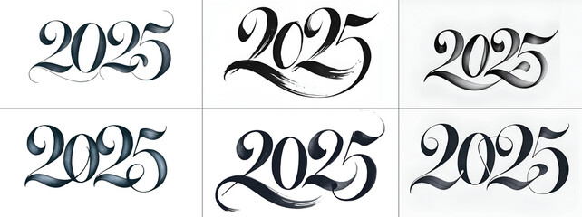 A set of artistic "2025" typography designs featuring modern calligraphy styles, ideal for creative new year templates and celebratory projects.