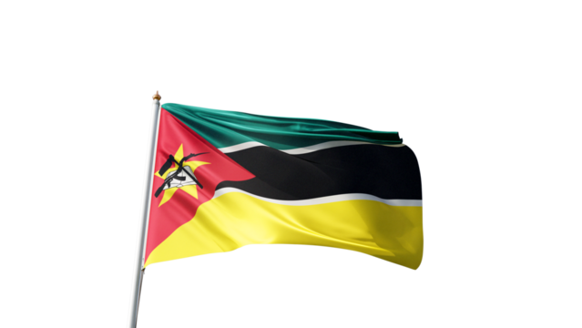 flag of mozambique on a transparent background, waving in the wind, national symbol of mozambique, african country, tall flagpole, no background, transparent png