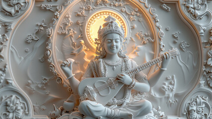 Intricate statue of a deity playing a musical instrument surrounded by detailed floral carvings