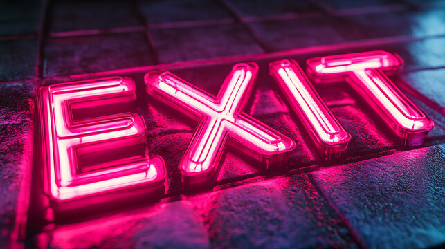 Large neon Exit sign glowing pink magenta reflecting on wet surface dark noir nighttime urban background the way out big bright dramatic illuminated letters copy space