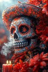Obraz premium A skull decorated with face paint and wearing a hat next to candles and flowers for Day of the Dead. 